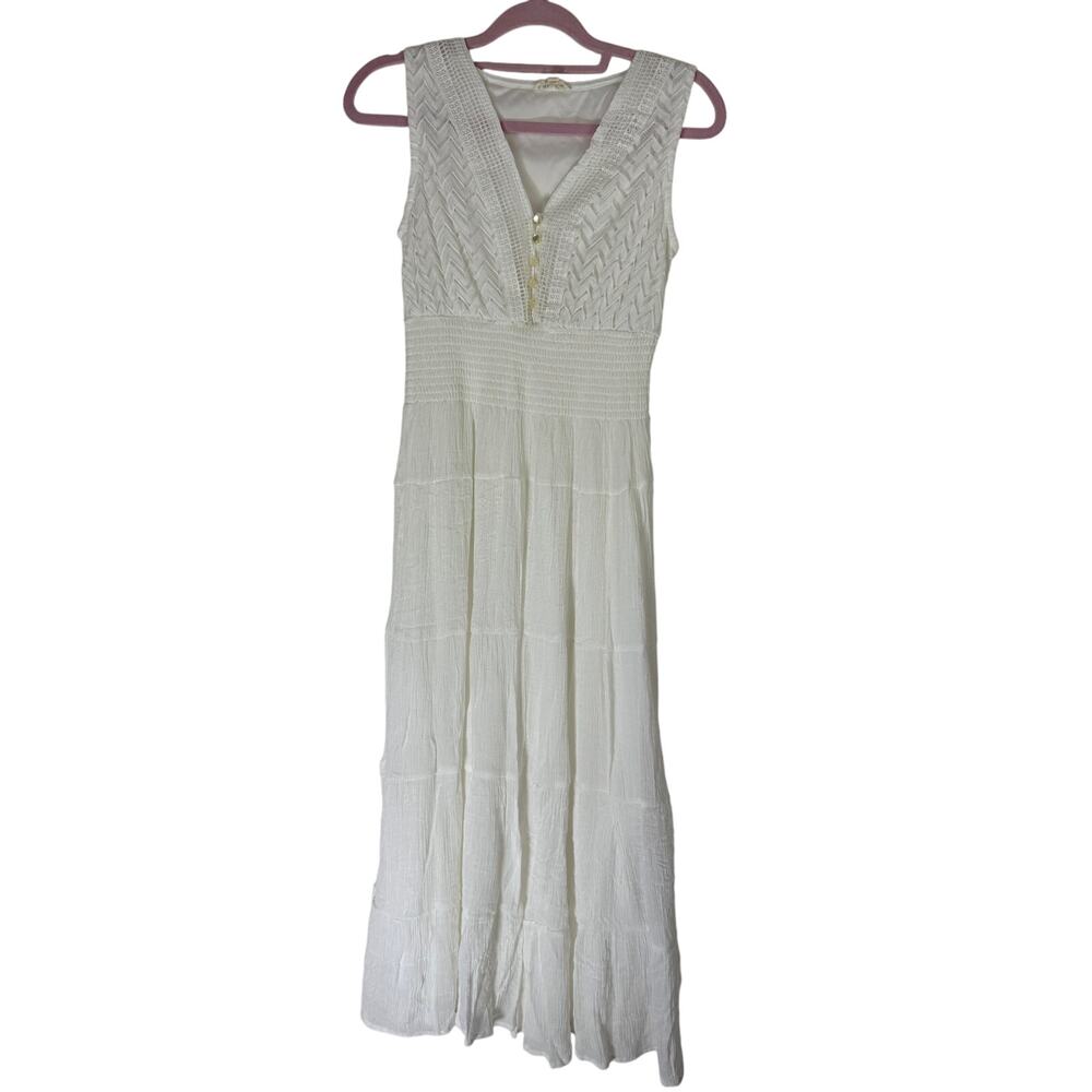 Kings Road Ivory Sleeveless V-neck Elastic Waist Guaze Texture Maxi Dress Size M